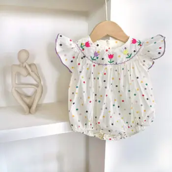 Retro summer cotton edge flying sleeves cute baby tulip embroidery jumpsuit youyo 44