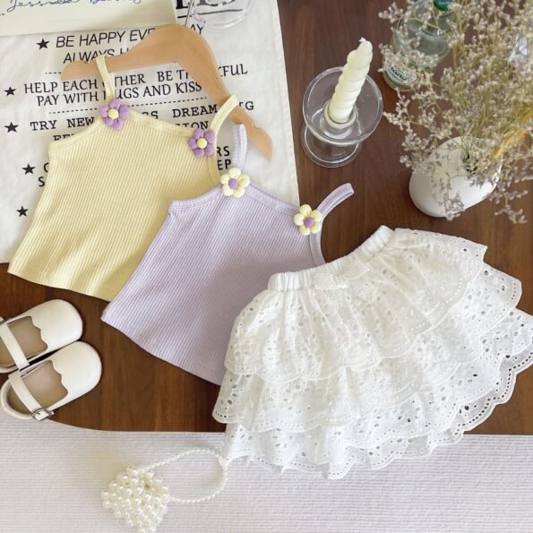 0-3 years girl sling suit summer thin vest White lace cake princess skirt pants two-piece set youyo 13
