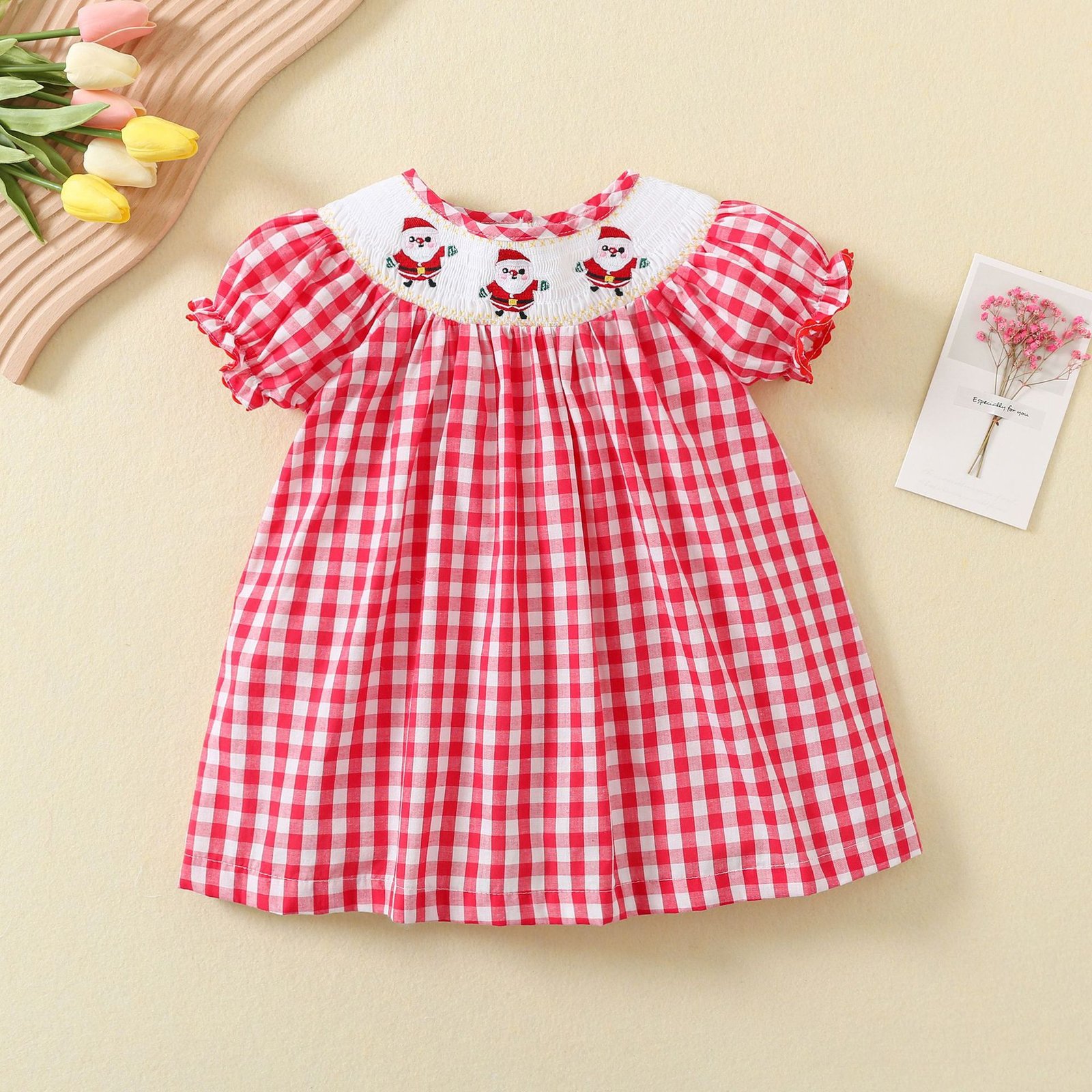 Christmas Snow man hand embroidery red plaid A-line frock tuoye 19 Christmas Snow man hand embroidery red plaid A-line frock tuoye 19