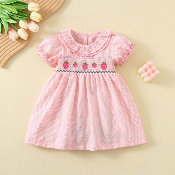 Summer cotton breathable strawberry smokin embroidery pattern plaid skirt tuoye 15