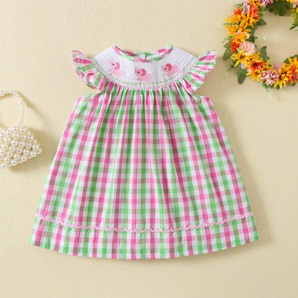Green pink plaid pink elephant embroidery Handmade smoking dress tyoue 18