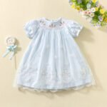 Girls flying sleeve blue plaid skirt cute bear embroidery frock tuoye 6