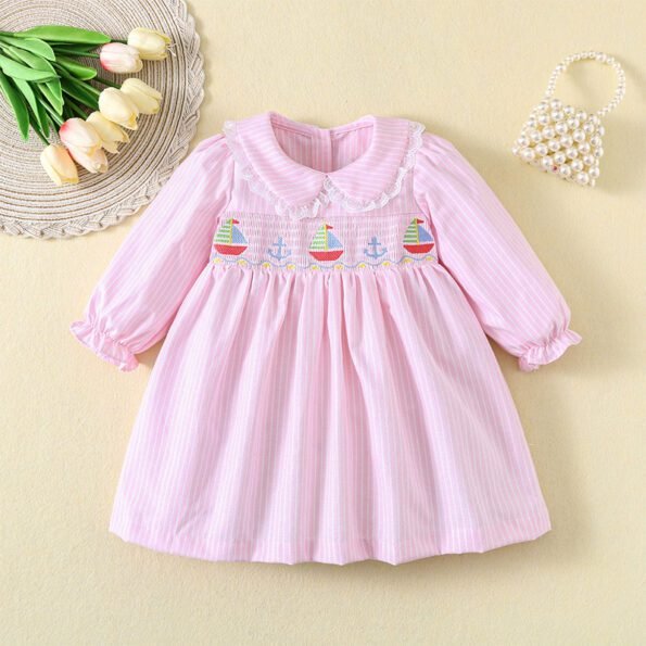 Boat embroidery skirt pink / blue striped Frock tyoue a8