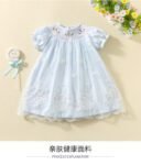 Girls flying sleeve blue plaid skirt cute bear embroidery frock tuoye 6