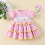 Girls Pink plaid skirt birthday embroidery cake puff sleeve Frock tyoue 26