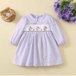 Grayish Purple Striped Cute Rabbit Embroidery Full Sleeves Cotton Skirt tyoue a10
