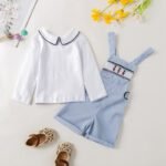Summer British style Cotton short-sleeved shirt and embroidery bear smoking overalls two-piece suit tyoue b1