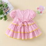Girls Pink plaid skirt birthday embroidery cake puff sleeve Frock tyoue 26