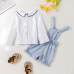 Summer British style Cotton short-sleeved shirt and embroidery bear smoking overalls two-piece suit tyoue b1