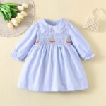 Boat embroidery skirt pink / blue striped Frock tyoue a8