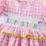Girls Pink plaid skirt birthday embroidery cake puff sleeve Frock tyoue 26