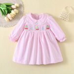 Boat embroidery skirt pink / blue striped Frock tyoue a8
