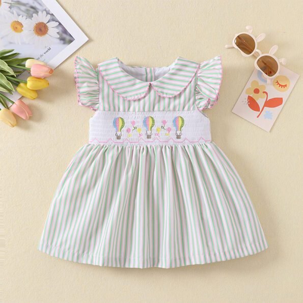 Summer Air Balloons embroidery pink and green striped flying sleeves dress tyoue 9