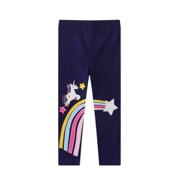 rainbow star applique embroidery unicorn navy trousers tights jumping 13