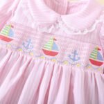 Boat embroidery skirt pink / blue striped Frock tyoue a8