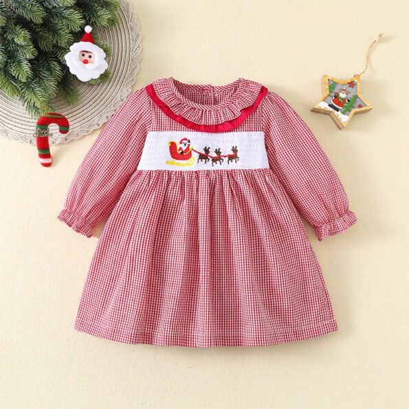 Red Plaid Long Sleeve Christmas Embroidery Dress tyoue a7