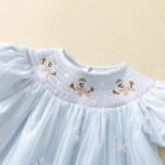 Girls flying sleeve blue plaid skirt cute bear embroidery frock tuoye 6