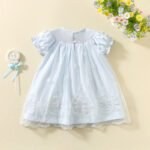 Girls flying sleeve blue plaid skirt cute bear embroidery frock tuoye 6