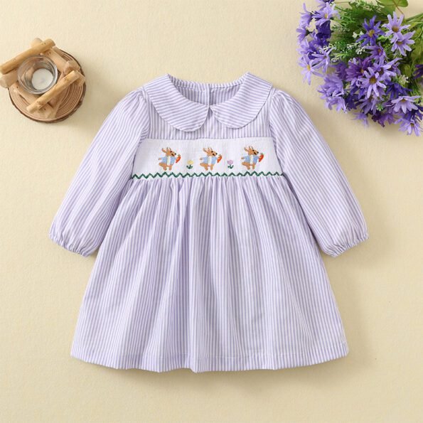 Grayish Purple Striped Cute Rabbit Embroidery Full Sleeves Cotton Skirt tyoue a10
