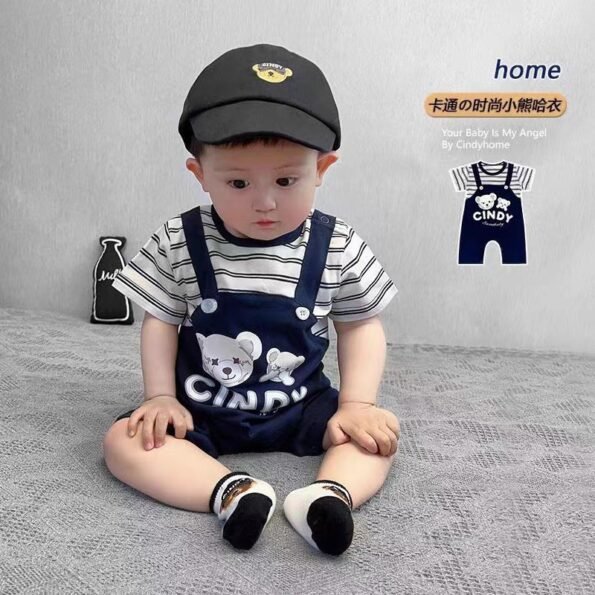 2Baby Boy striped star bear fake suspender jumpsuit summer thin style outing romper