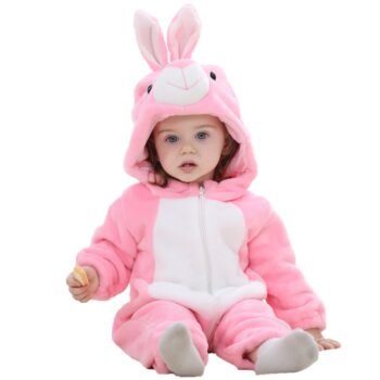 MICHLEY Children baby flannel animal crawling jumpsuit clothes Pink Rabbit