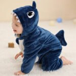 MICHLEY autumn and winter flannel crawling clothes children&apos;s A-class flannel animal jumpsuit Climbing suit blue shark