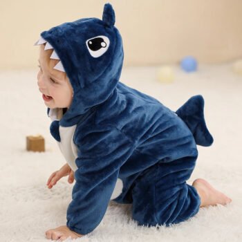MICHLEY autumn and winter flannel crawling clothes children&apos;s A-class flannel animal jumpsuit Climbing suit blue shark