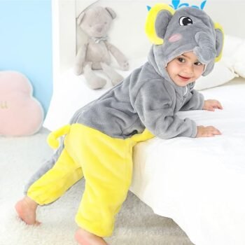 MICHLEY cross-border infant and toddler romper infant flannel cartoon animal Jumpsuir Yellow-gray elephant romper