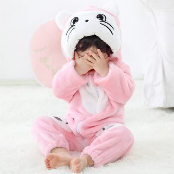 MICHLEY cross-border infant and toddler romper infant flannel cartoon animal Jumpsuir Pink cat in crawling clothes